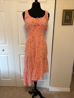 NWOT BP (Nordstrom) Peach Floral Smocked Asymmetrical Tiered Midi Dress Medium.